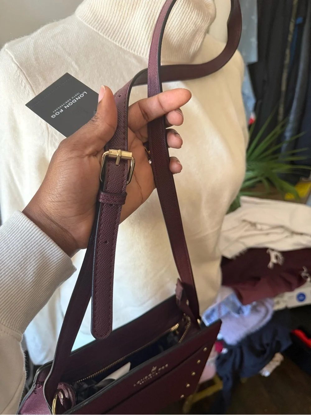 London Fog Plum Pebble-Texture Crossbody with Gold Studs